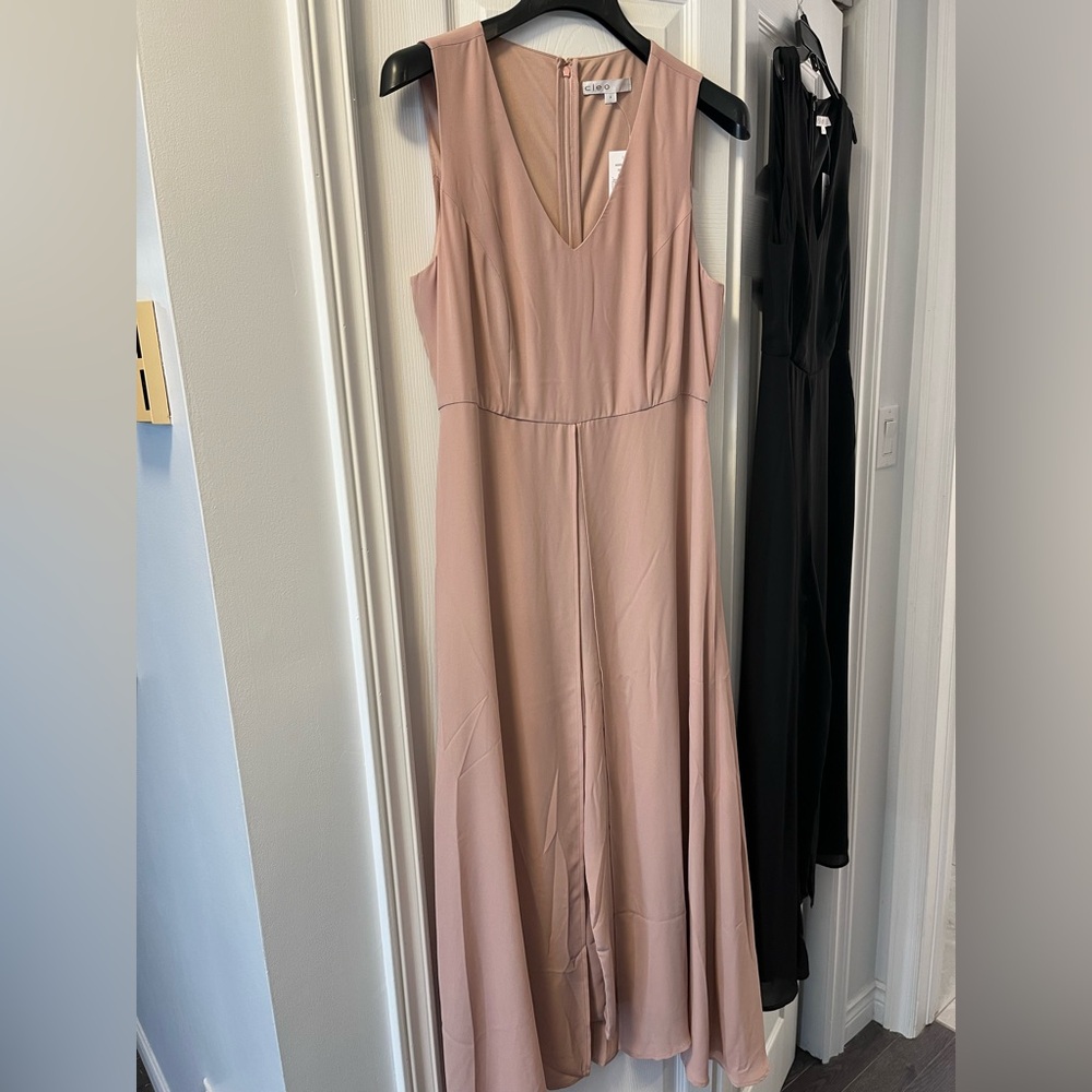 Two jumpsuits same style, light pink and black tags attached from Cleo.
